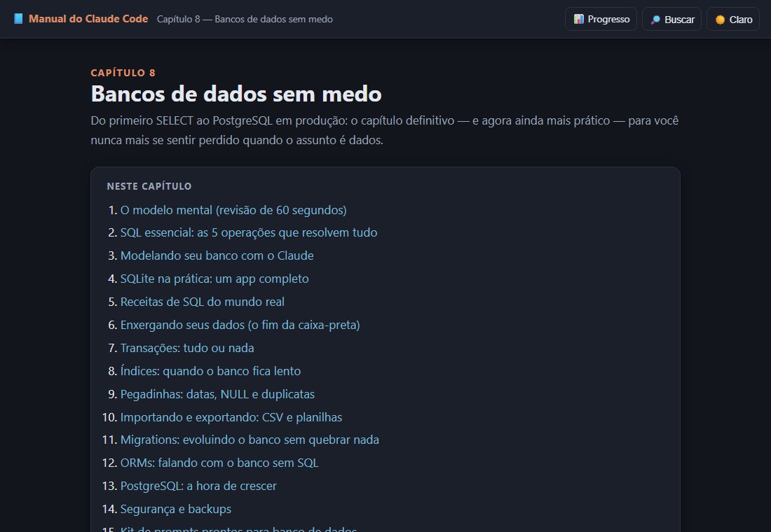 Tela do manual aberta no Capítulo 8, 'Bancos de dados sem medo', mostrando o índice com 16 seções — do primeiro SELECT ao PostgreSQL em produção.